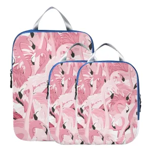 Pink Flamingo Heads Seamless Pattern 3 Piece set Cubes Expandable Adjustable Luggage Packing Bags, Ultralight Organizer Accessories Travel Suitcase Compressible Bags