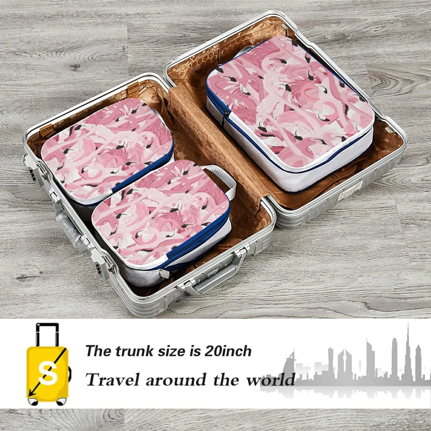 Pink Flamingo Heads Seamless Pattern 3 Piece set Cubes Expandable Adjustable Luggage Packing Bags, Ultralight Organizer Accessories Travel Suitcase Compressible Bags