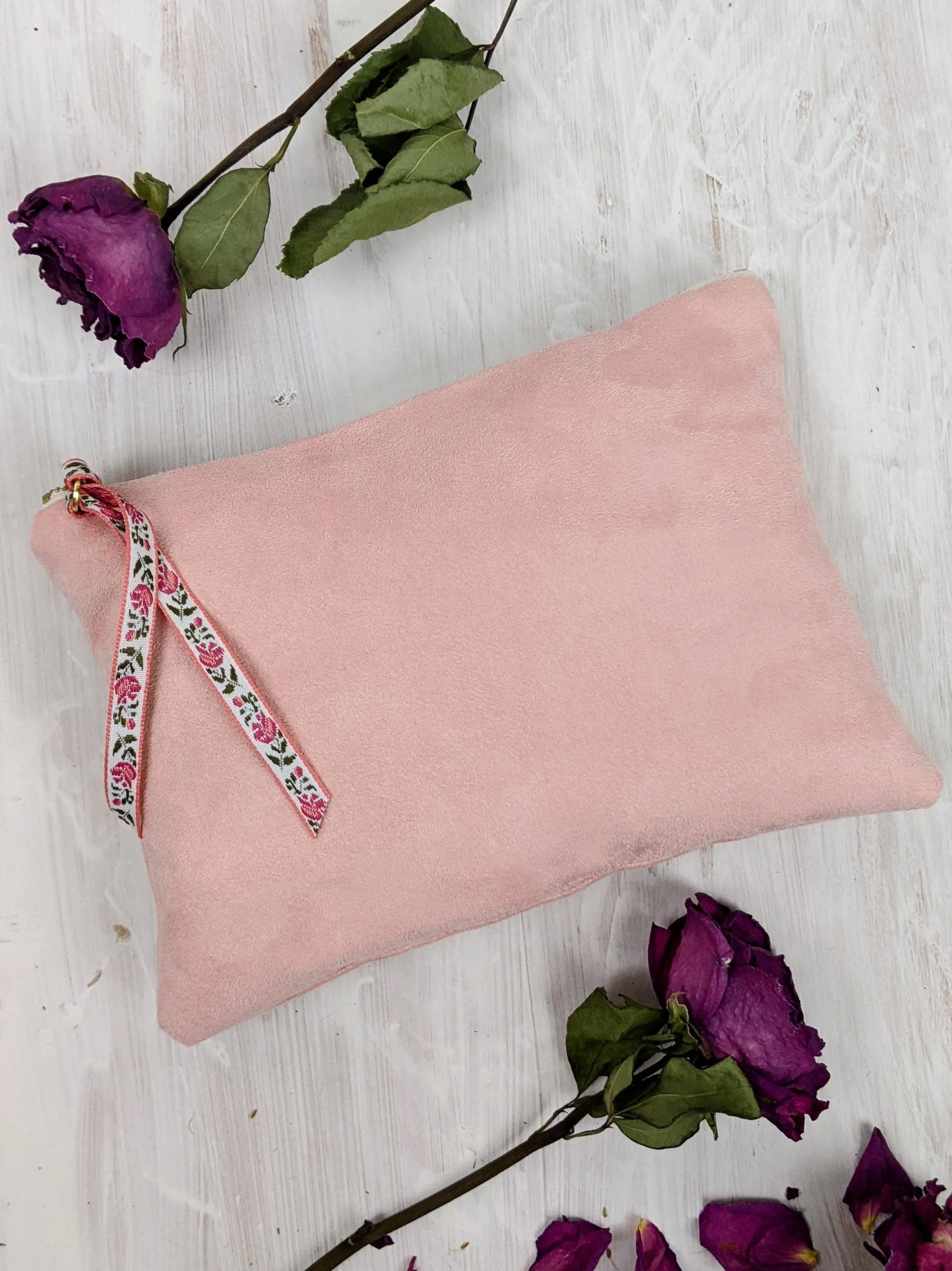 Pink Fleur Vegan Suede Clutch Mini Purse Floral Ribbon Bag