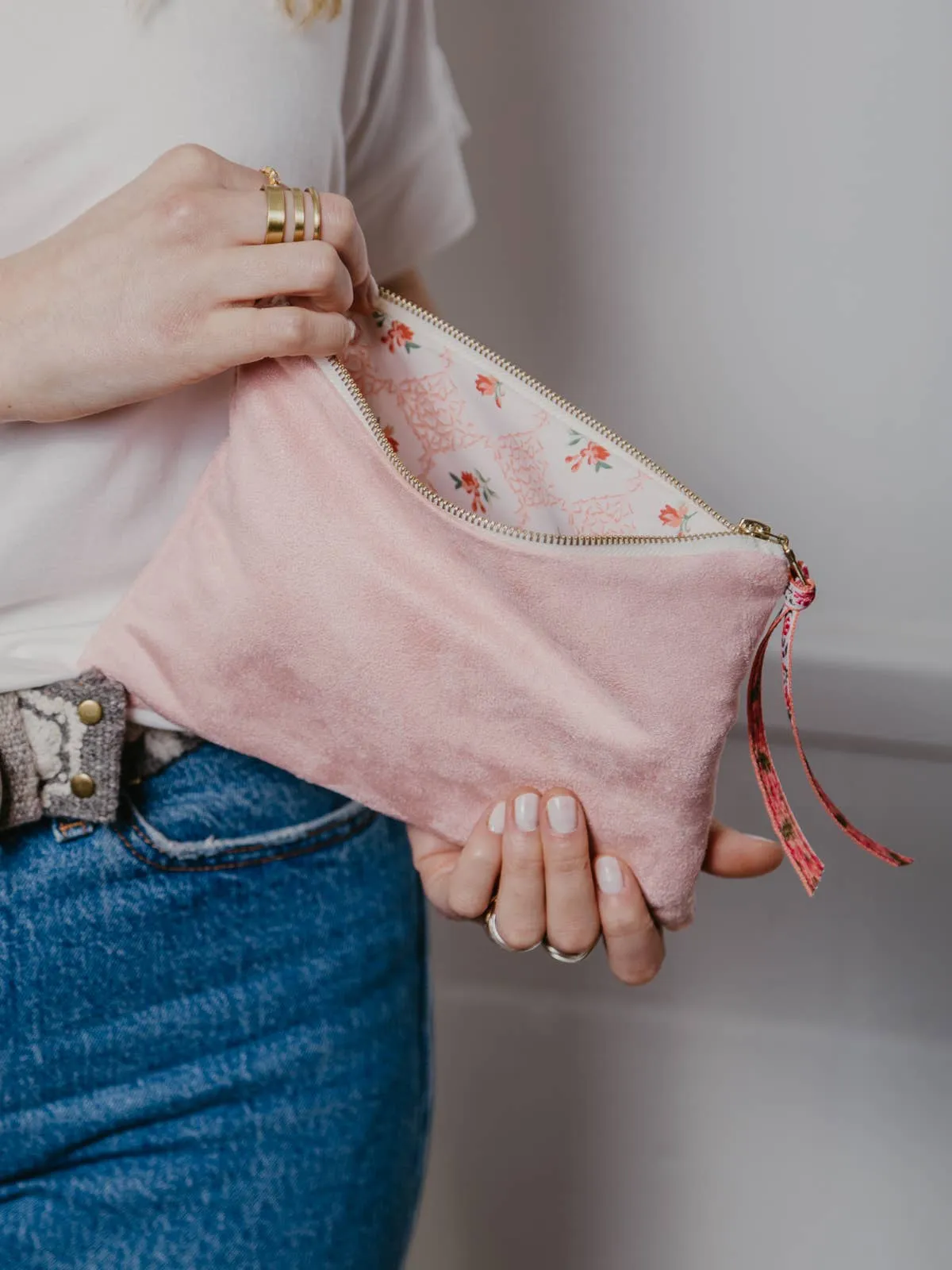 Pink Fleur Vegan Suede Clutch Mini Purse Floral Ribbon Bag