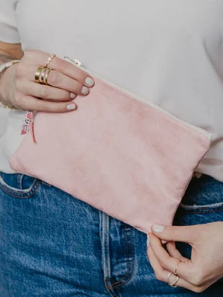 Pink Fleur Vegan Suede Clutch Mini Purse Floral Ribbon Bag
