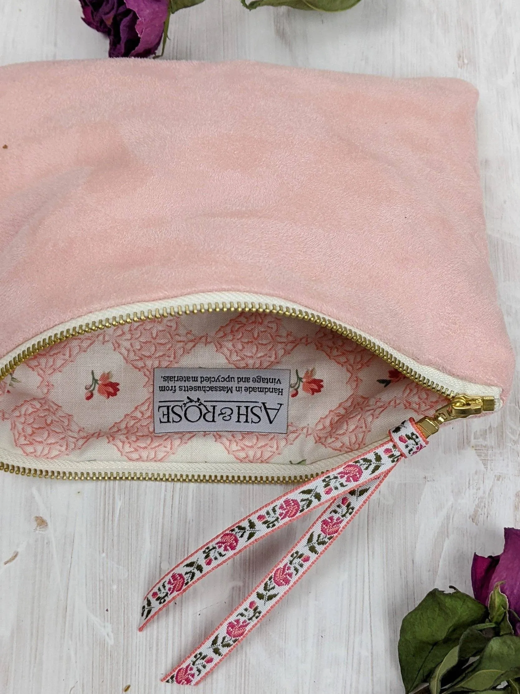 Pink Fleur Vegan Suede Clutch Mini Purse Floral Ribbon Bag
