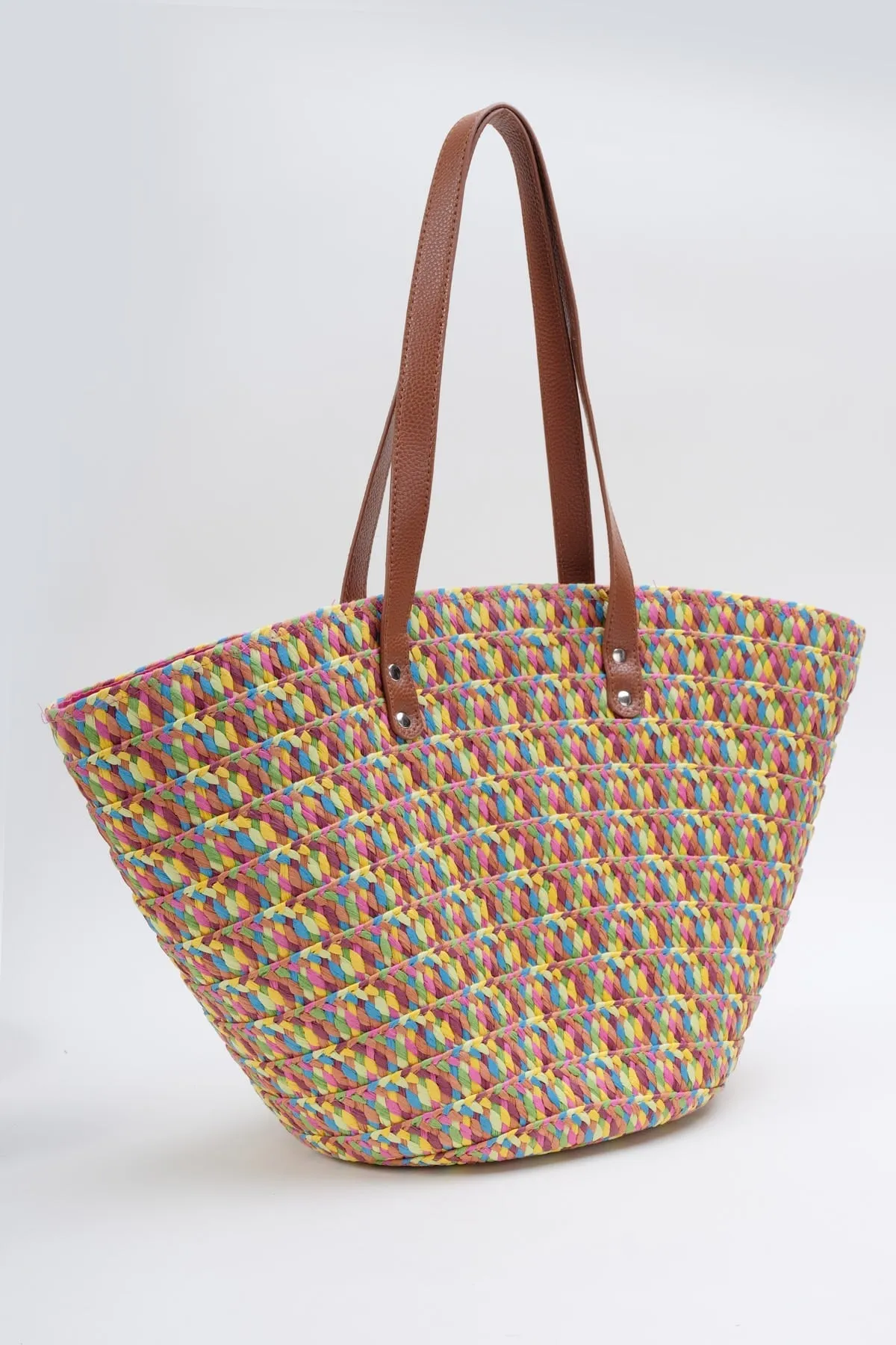 Pink Multicolour Straw Tote Bag