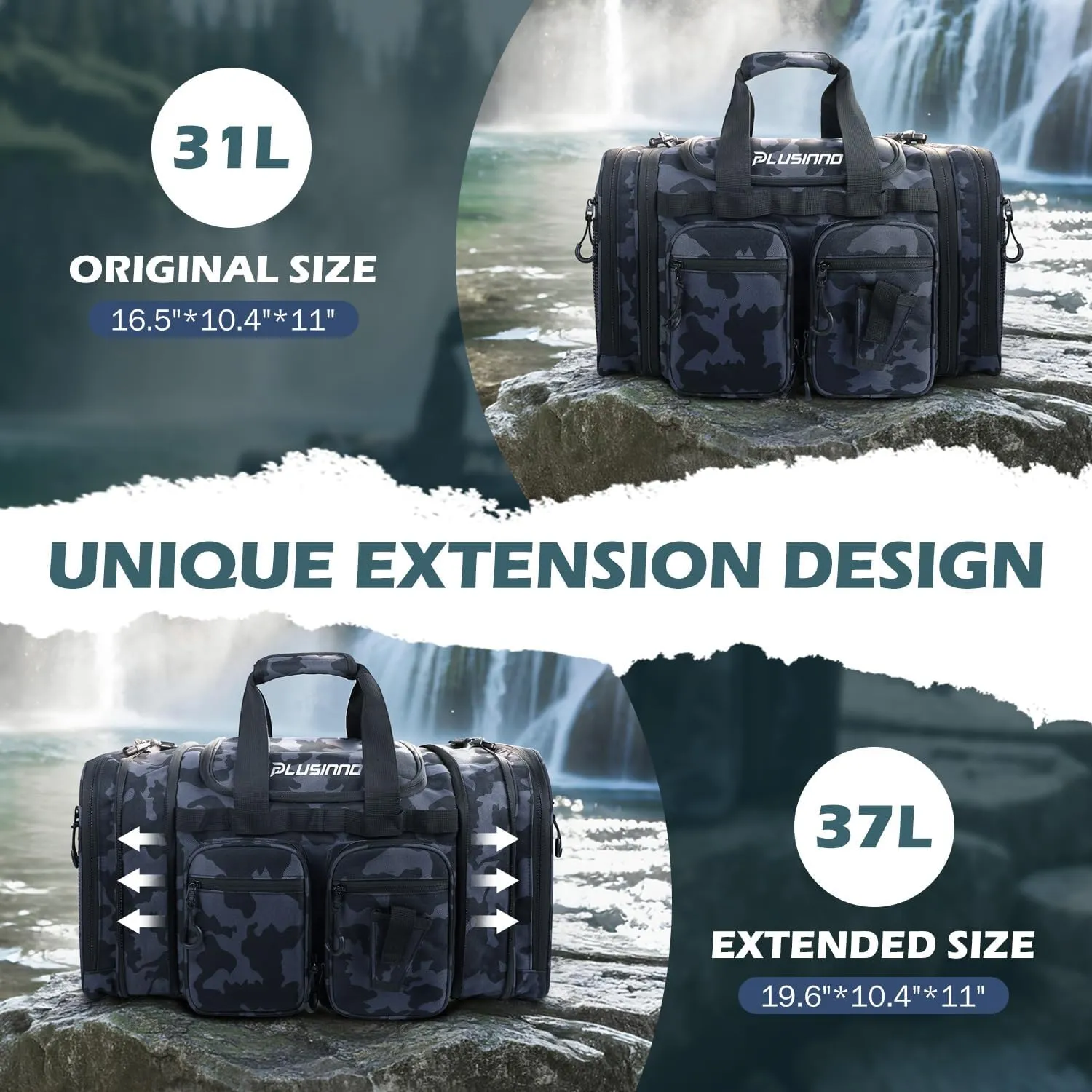 PLUSINNO Tackle Bag - Expandable Fishing Bag for Saltwater & Freshwater 31L-37L capacity expansion- Water Resistant Fishing Gear