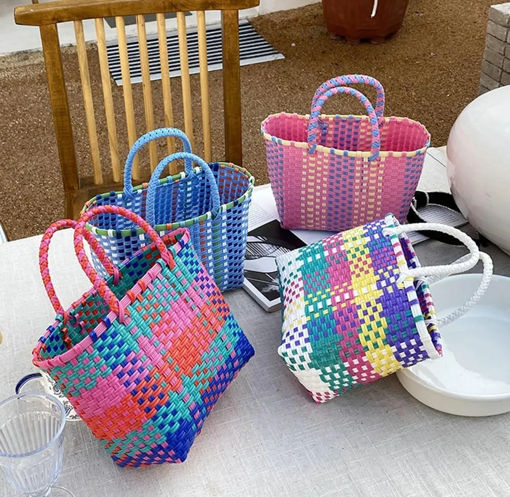 Pocadri Handwoven Tote Bag for Women Straw Purse PVC Summer Beach Bag Rattan Woven Cute Shopping Handbag Color Block