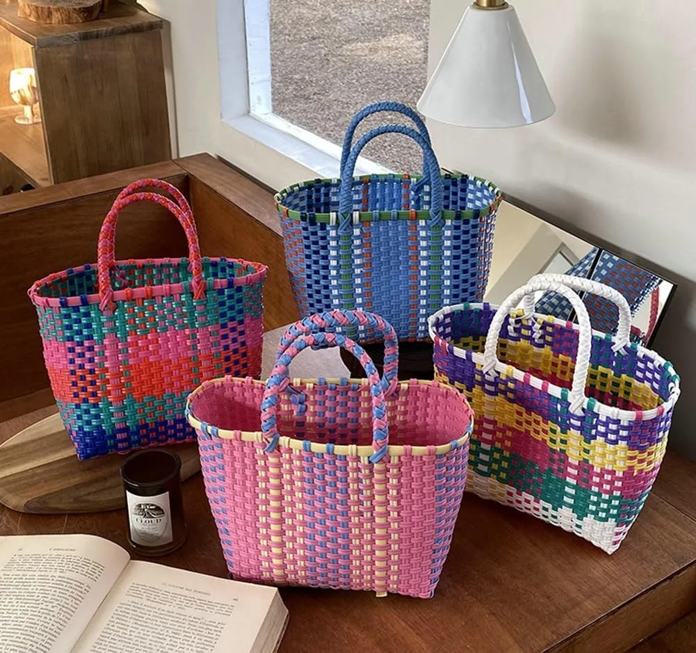 Pocadri Handwoven Tote Bag for Women Straw Purse PVC Summer Beach Bag Rattan Woven Cute Shopping Handbag Color Block