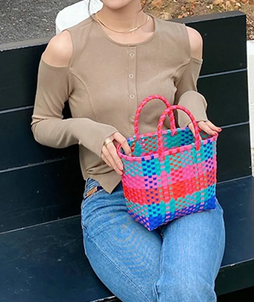 Pocadri Handwoven Tote Bag for Women Straw Purse PVC Summer Beach Bag Rattan Woven Cute Shopping Handbag Color Block