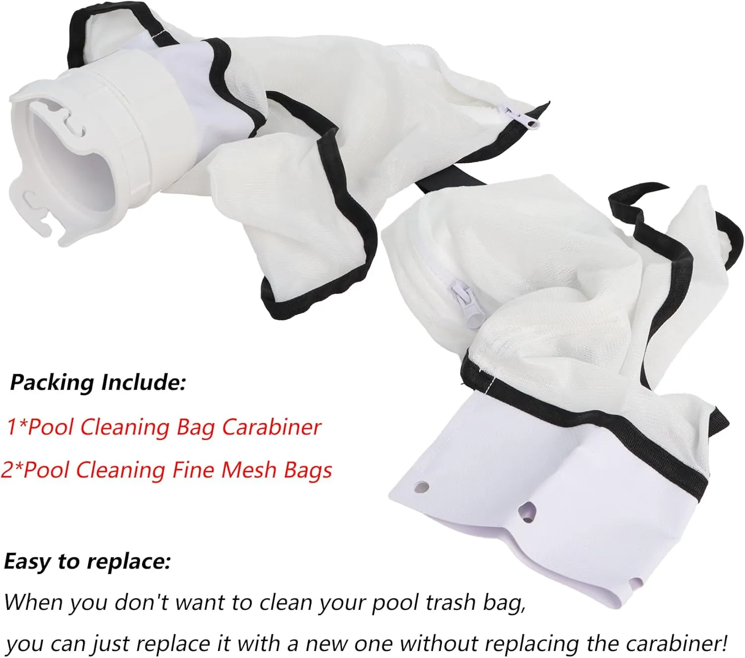 Podoy 360002 Pool Cleaner Fine Mesh Bag with Zipper Enclosure Compatible with Pentair Kreepy Krauly Legend, Platinum, Letro Pool Cleaners Debris Bag 360002 and EU16 Bag (2 Bags with 1 Bag Clip)