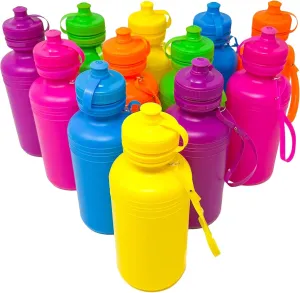 Podzly 12 Neon Bright Colors Plastic Water Bottles - Fun for Every Occasion, Party Favor, Personalized Sports Bottle - Trendy Beach Companion, and Ultimate Summer Activities Present for Kids