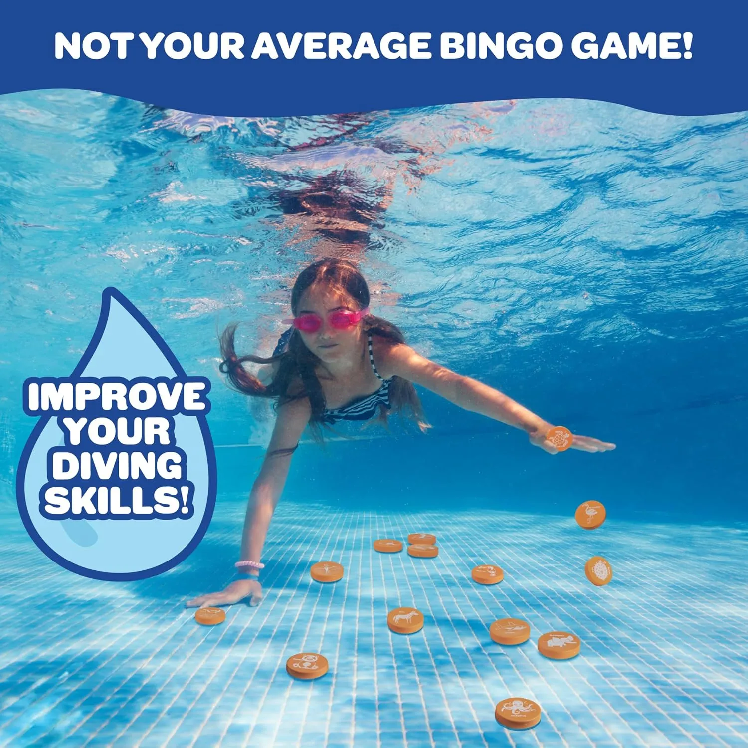 Pool Bingo Diving Game for Kids - Summer Party Fun Edition - Dive & Call 30 Sinking Animal Themed "Numbers", Fill Your Card- 150 Marker Chips &16 Double Sided Waterproof Play Cards & Bag, Gift