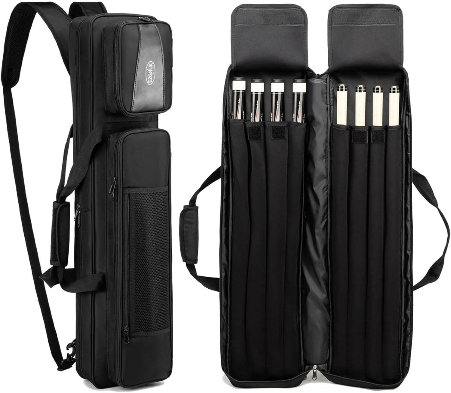Pool Cue Case 4x4, Pool Cue Carrying Case Holds 4 Butts and 4 Shafts, Soft Padded Pool Stick Case with Multi-pocket and Adjustable Shoulder Straps