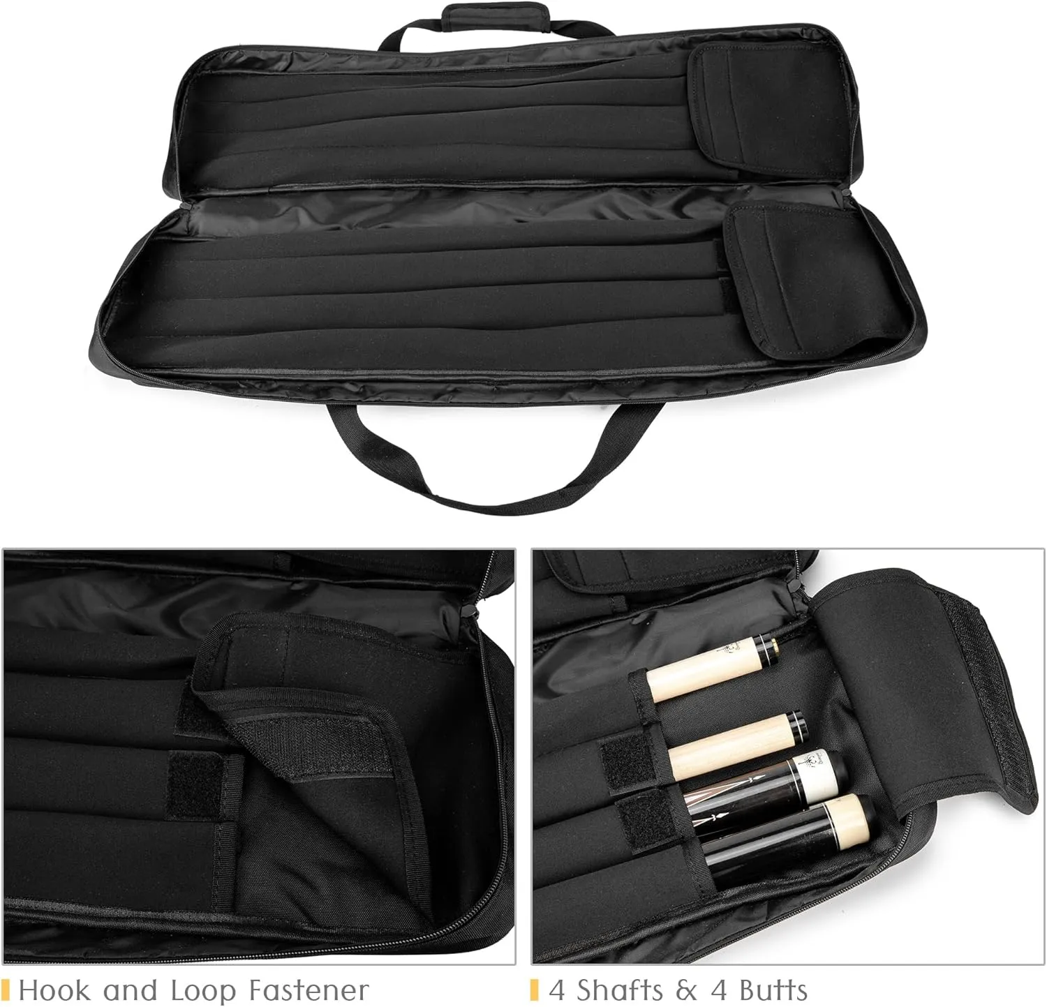 Pool Cue Case 4x4, Pool Cue Carrying Case Holds 4 Butts and 4 Shafts, Soft Padded Pool Stick Case with Multi-pocket and Adjustable Shoulder Straps