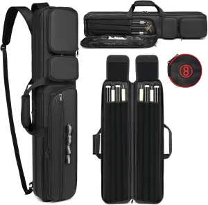 Pool Cue Case 4x4, Pool Stick Case Cue Bag with Hidden Backpack-Strap, Cue Stick Case Holds 4 Butts and 4 Shafts, Billiard Pool Cue Carrying Case with Large Front Accessory Pockets