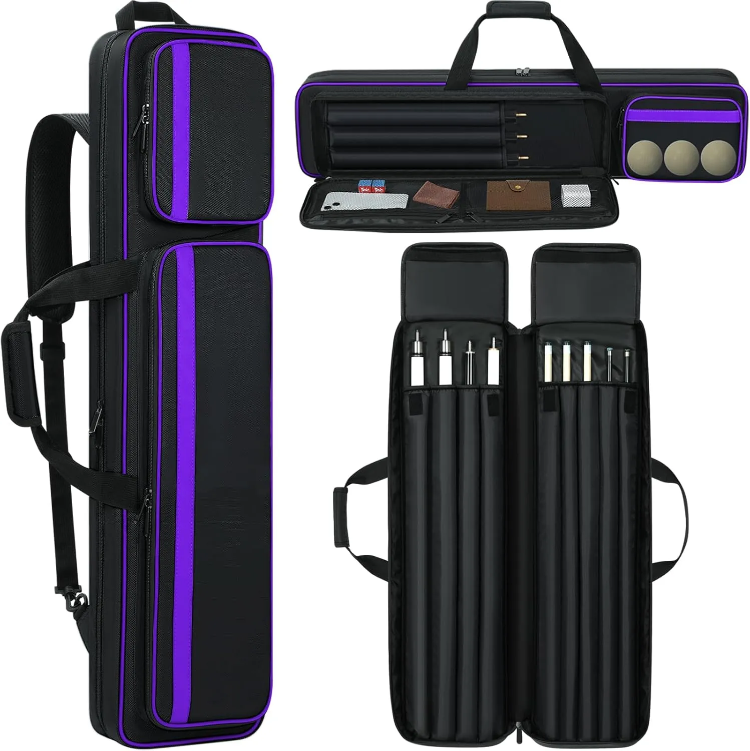 Pool Cue Case 4x5, Pool Cue Carrying Case Soft Padded Billiard Stick Bag with Multi-pocket for 4 Butts and 5 Shafts, Pool Stick Case Cue Bag with Backpack-straps for Pool Cues and Accessories