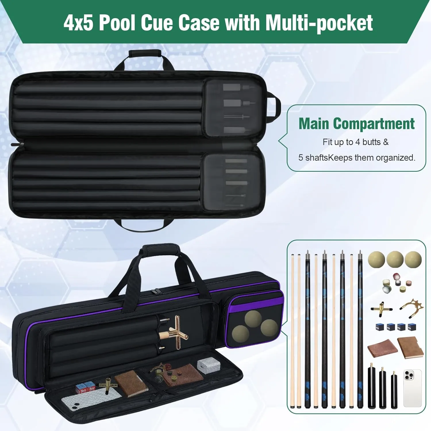 Pool Cue Case 4x5, Pool Cue Carrying Case Soft Padded Billiard Stick Bag with Multi-pocket for 4 Butts and 5 Shafts, Pool Stick Case Cue Bag with Backpack-straps for Pool Cues and Accessories