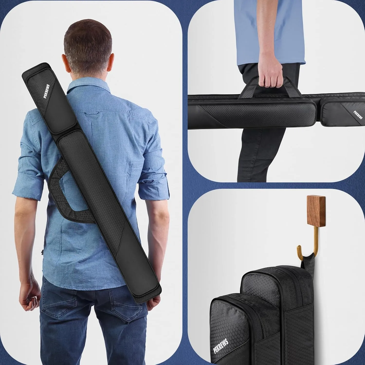 Pool Cue Case, Pool Stick Case 2x2 Holds 2 Sticks with 2 Accessory Zipper Pockets, Sturdy Polyester Pool Cue Carry Bag with Shoulder Strap Handle, Soft Billiard Cue Sling Bag for Men and Women