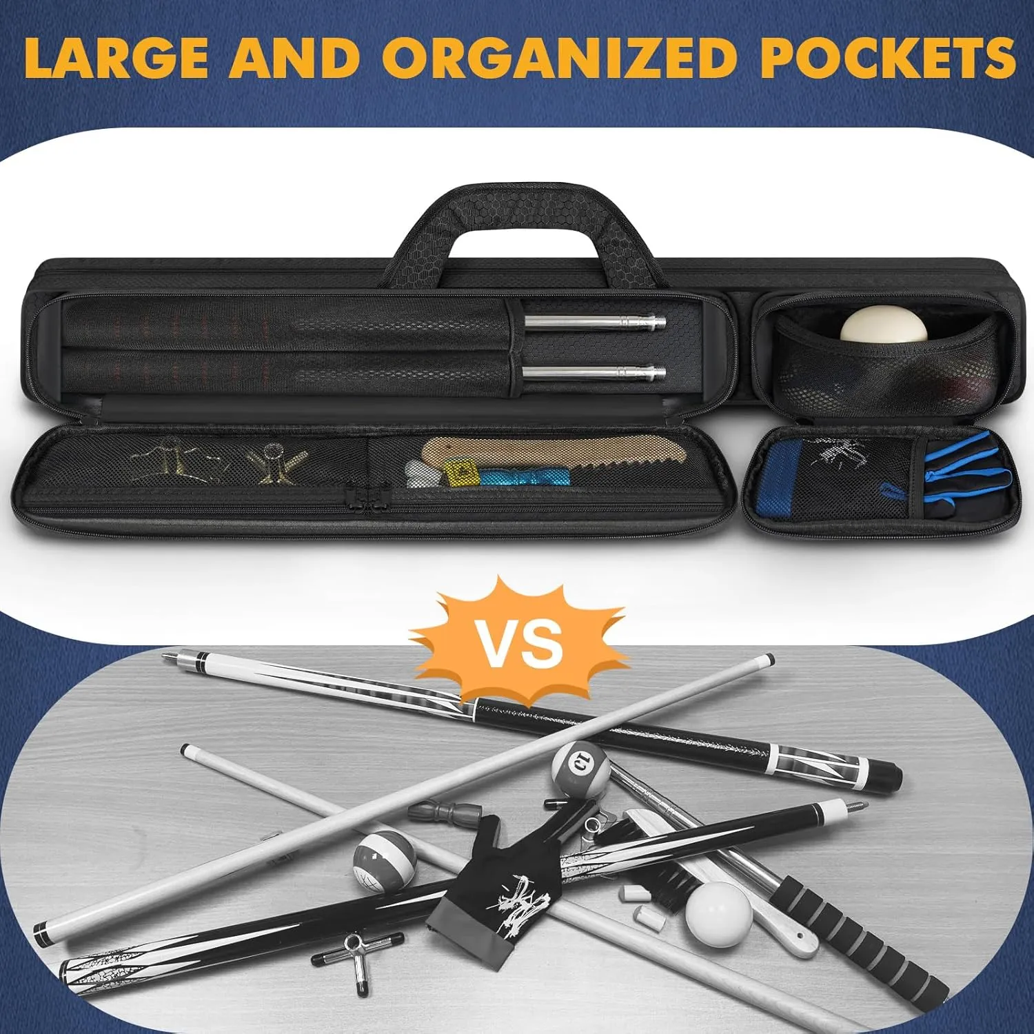 Pool Cue Case, Pool Stick Case 2x2 Holds 2 Sticks with 2 Accessory Zipper Pockets, Sturdy Polyester Pool Cue Carry Bag with Shoulder Strap Handle, Soft Billiard Cue Sling Bag for Men and Women