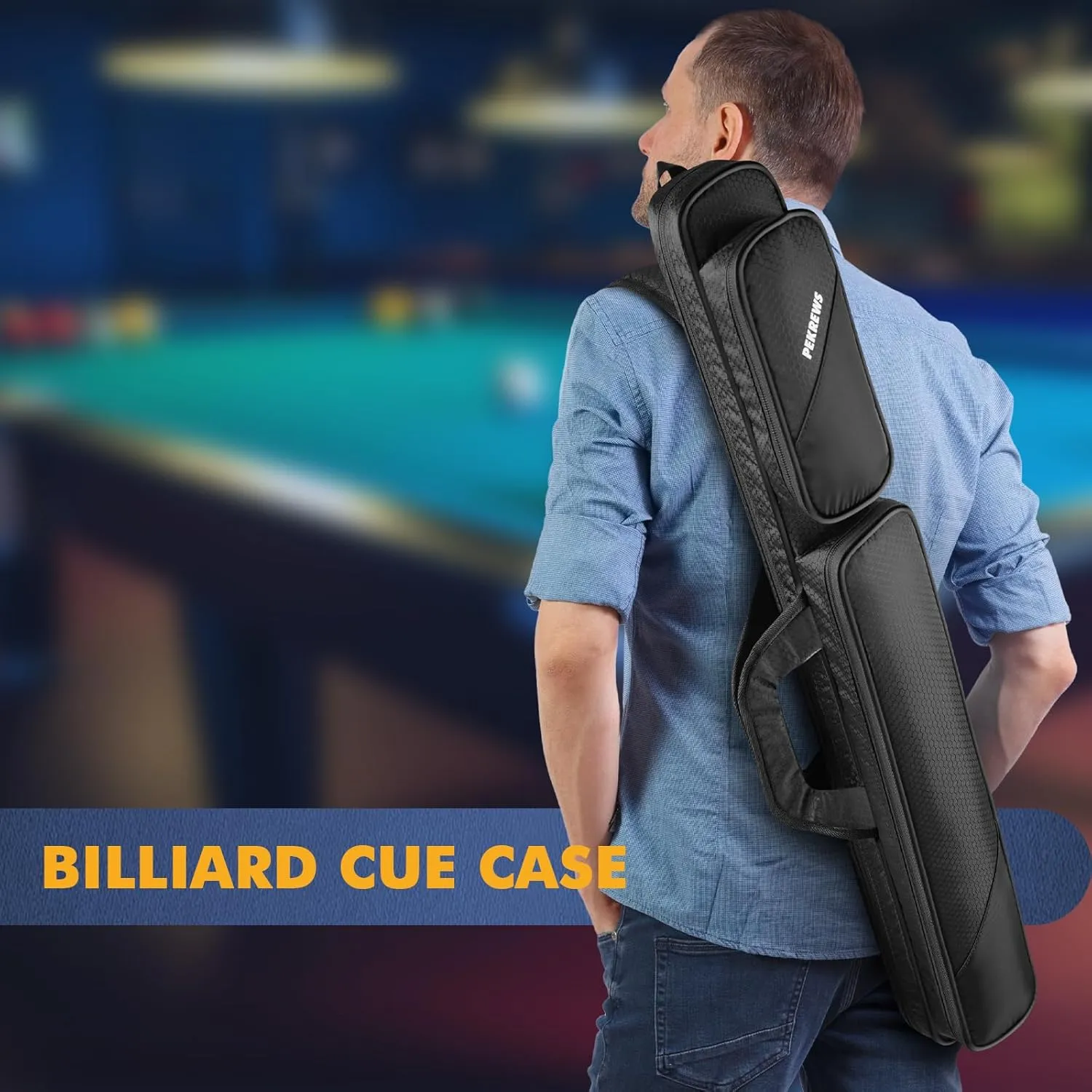 Pool Cue Case, Pool Stick Case 2x2 Holds 2 Sticks with 2 Accessory Zipper Pockets, Sturdy Polyester Pool Cue Carry Bag with Shoulder Strap Handle, Soft Billiard Cue Sling Bag for Men and Women