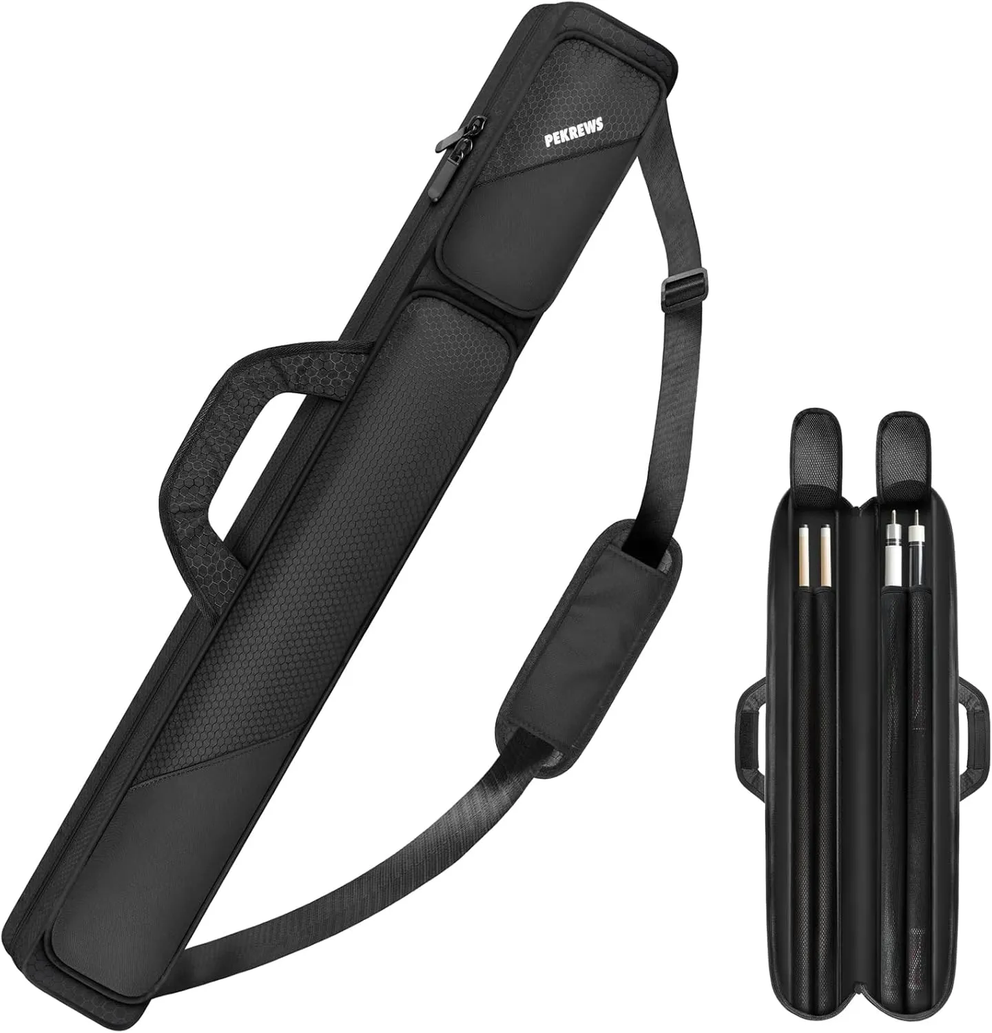 Pool Cue Case, Pool Stick Case 2x2 Holds 2 Sticks with 2 Accessory Zipper Pockets, Sturdy Polyester Pool Cue Carry Bag with Shoulder Strap Handle, Soft Billiard Cue Sling Bag for Men and Women