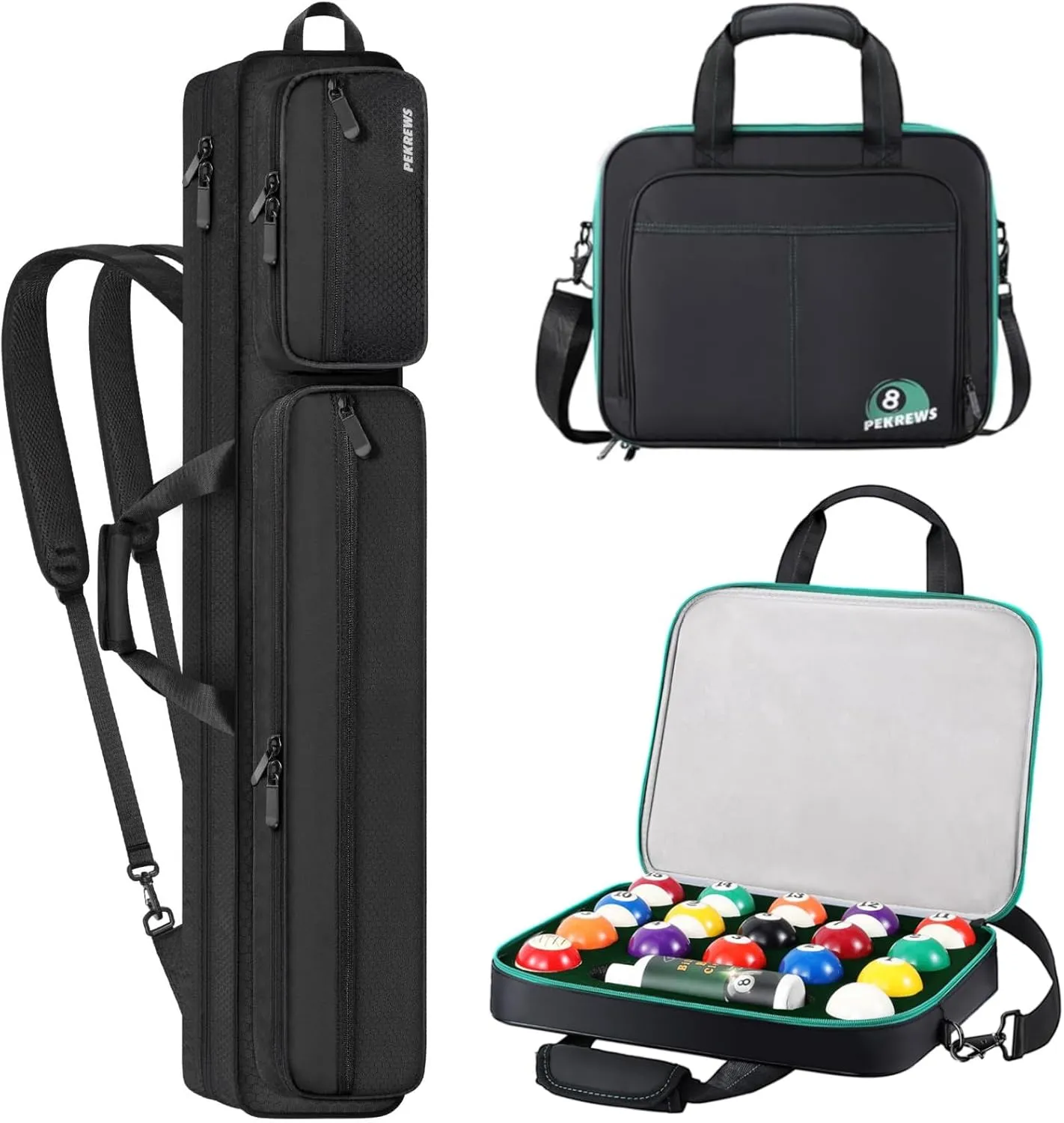 Pool Cue Case, Pool Stick Case 4x5 with Multiple Pockets Holds 4 Butts 5 Shafts and Pool Ball Case for 17 balls