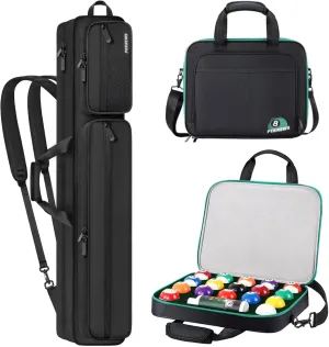 Pool Cue Case, Pool Stick Case 4x5 with Multiple Pockets Holds 4 Butts 5 Shafts and Pool Ball Case for 17 balls