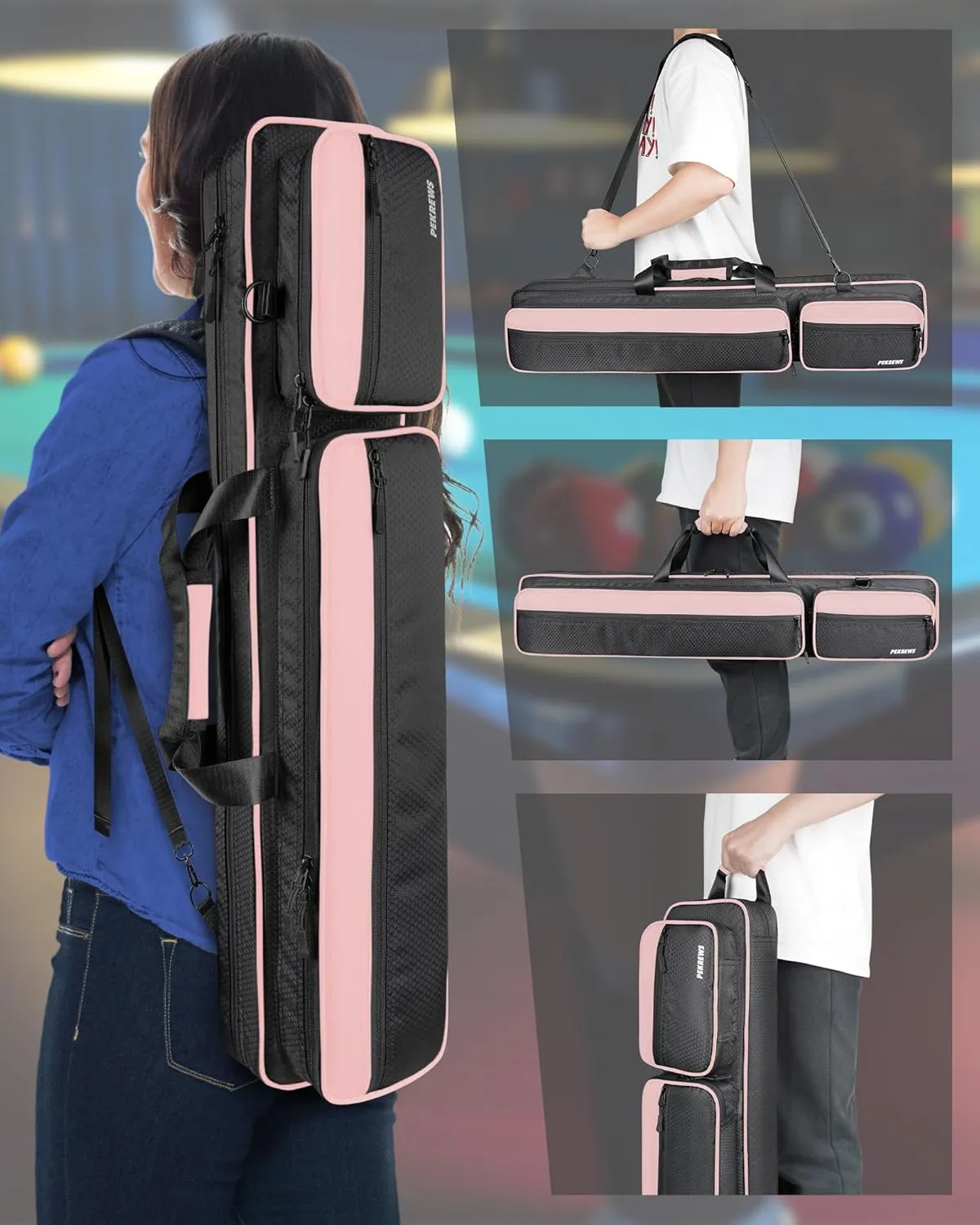 Pool Cue Case, Pool Stick Case 4x5 with Multiple Pockets Holds 4 Butts 5 Shafts, Soft Padded Sturdy Pool Cue Bag, Billiard Cue Backpack with Adjustable Shoulder Straps for Men and Women