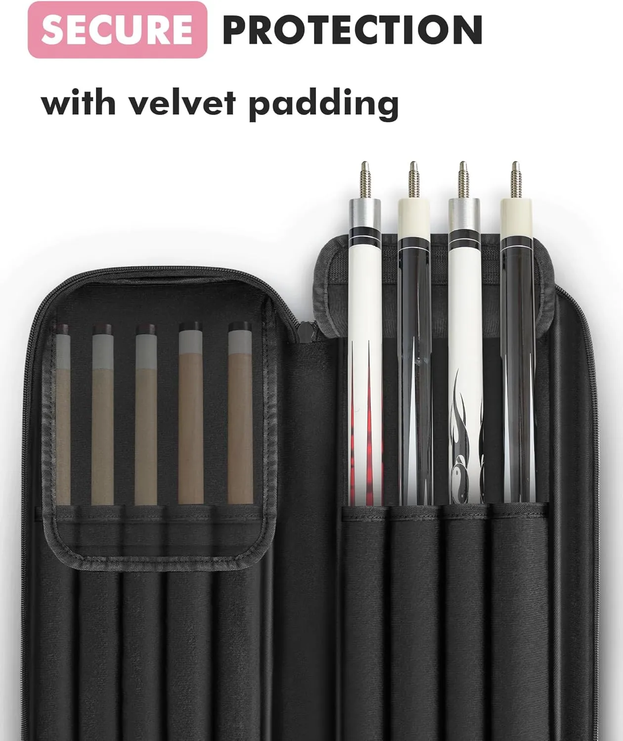 Pool Cue Case, Pool Stick Case 4x5 with Multiple Pockets Holds 4 Butts 5 Shafts, Soft Padded Sturdy Pool Cue Bag, Billiard Cue Backpack with Adjustable Shoulder Straps for Men and Women