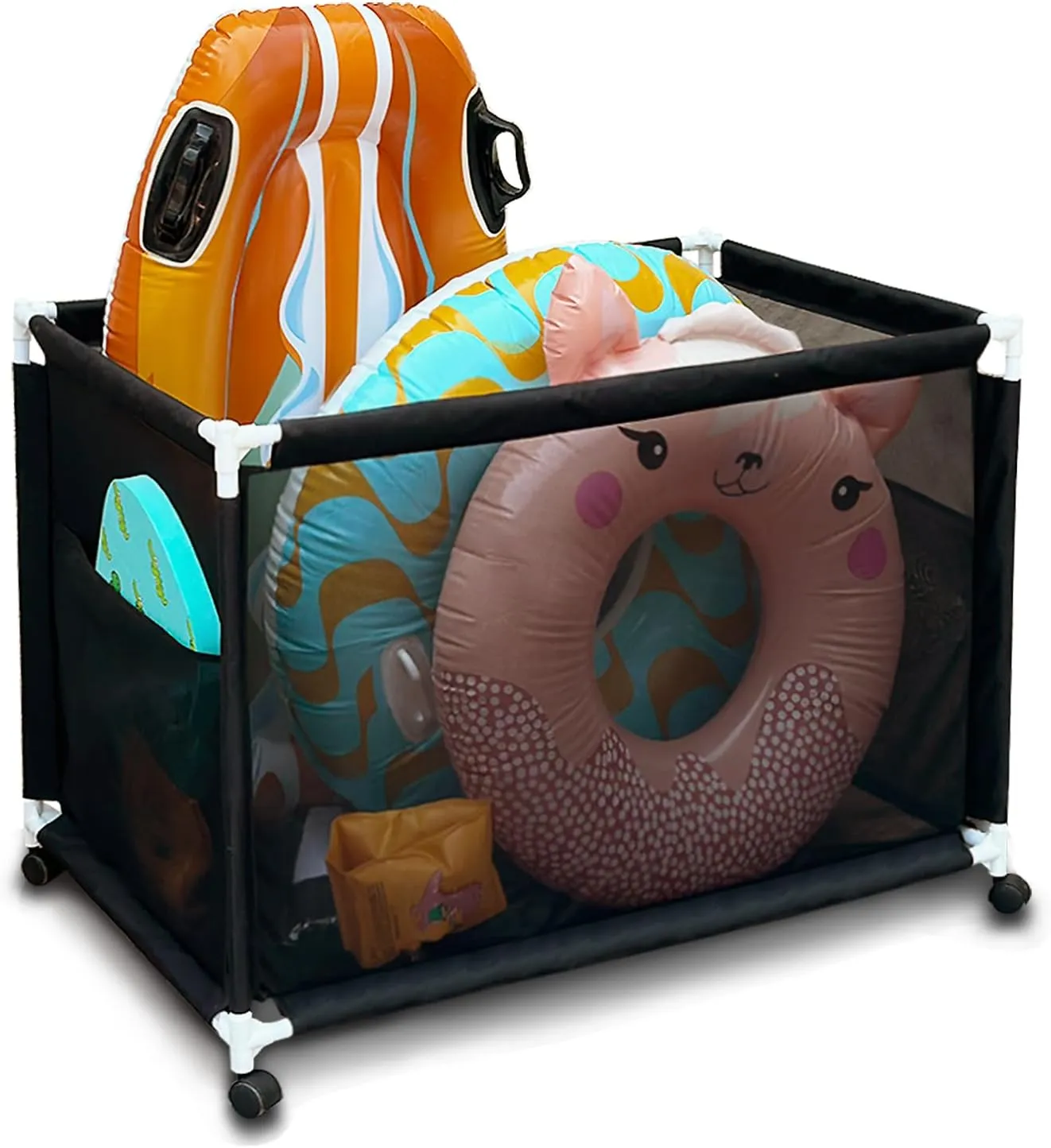 Pool Float Storage- Durable Mesh Pool Storage Bin with Wheels, Ideal for Organizing Pool Floats, Noodles, Toys, and Outdoor Equipment – Easy Mobility with Brake Function for Secure Storage