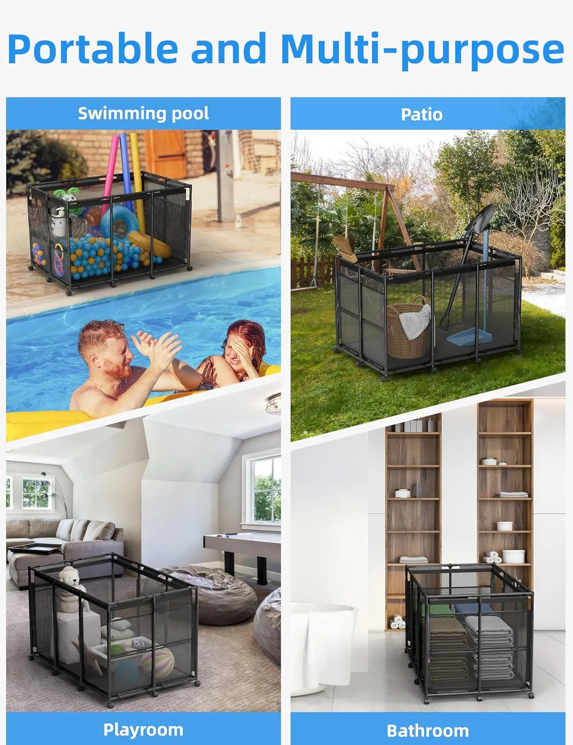 Pool Float Storage – Outdoor Pool Toy Storage Organizer for Pool Noodles, Toys, Floats, Balls,Equipment, Mesh Rolling Storage Organizer Bin, Black