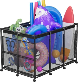 Pool Float Storage – Outdoor Pool Toy Storage Organizer for Pool Noodles, Toys, Floats, Balls,Equipment, Mesh Rolling Storage Organizer Bin, Black