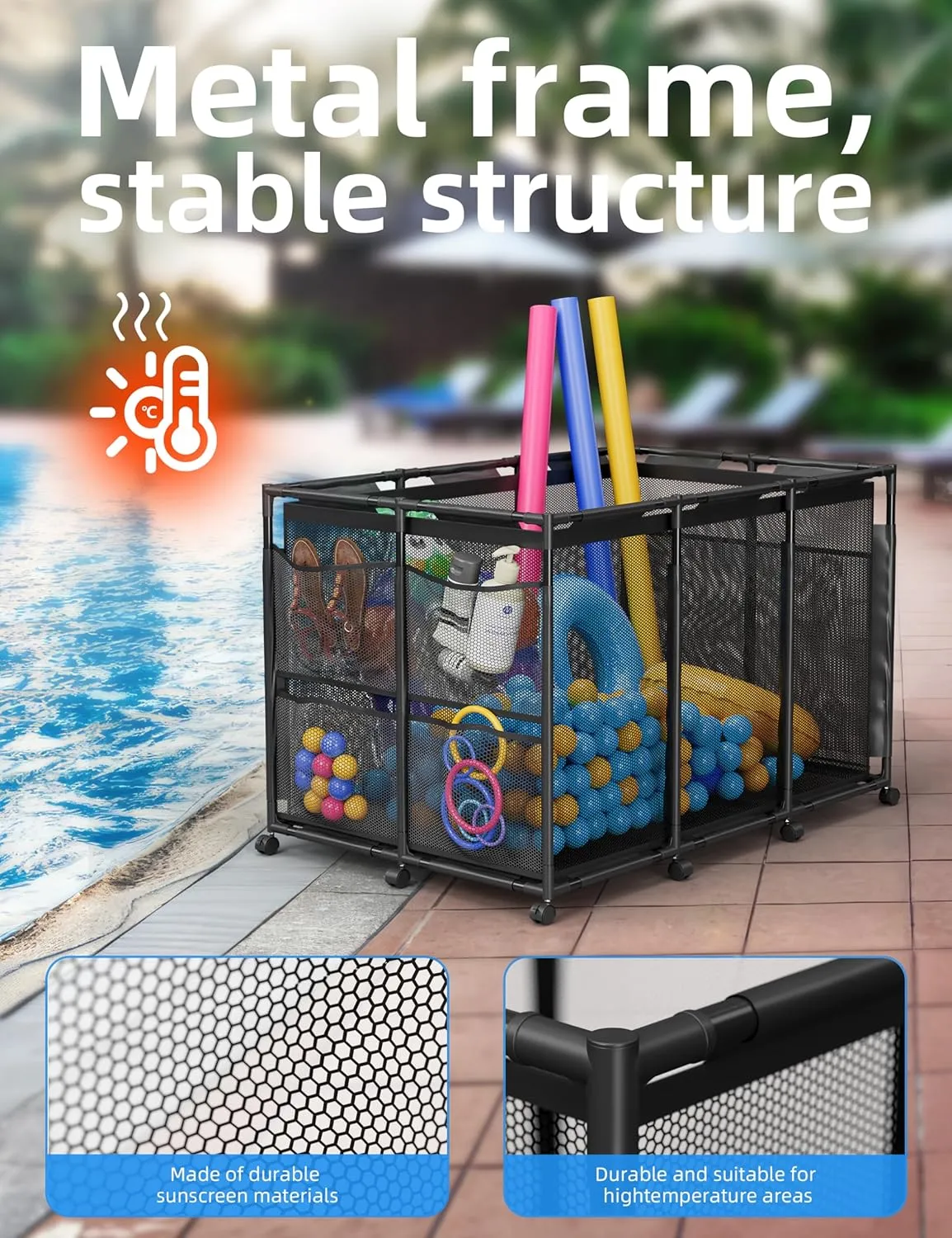 Pool Float Storage – Outdoor Pool Toy Storage Organizer for Pool Noodles, Toys, Floats, Balls,Equipment, Mesh Rolling Storage Organizer Bin, Black