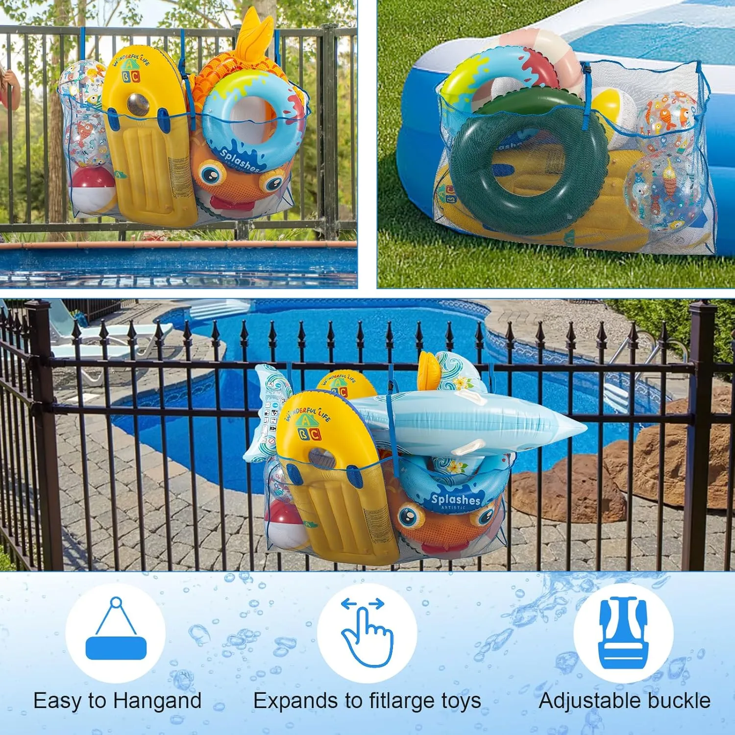 Pool Float Toys Storage Bag,Pool Float Organizer Hanging Mesh Bag for Balls,Floats,Water Inflatable Toy,High Strength Pool Toy Storage Net Bag,Swimming Pool Accessories (Blue)