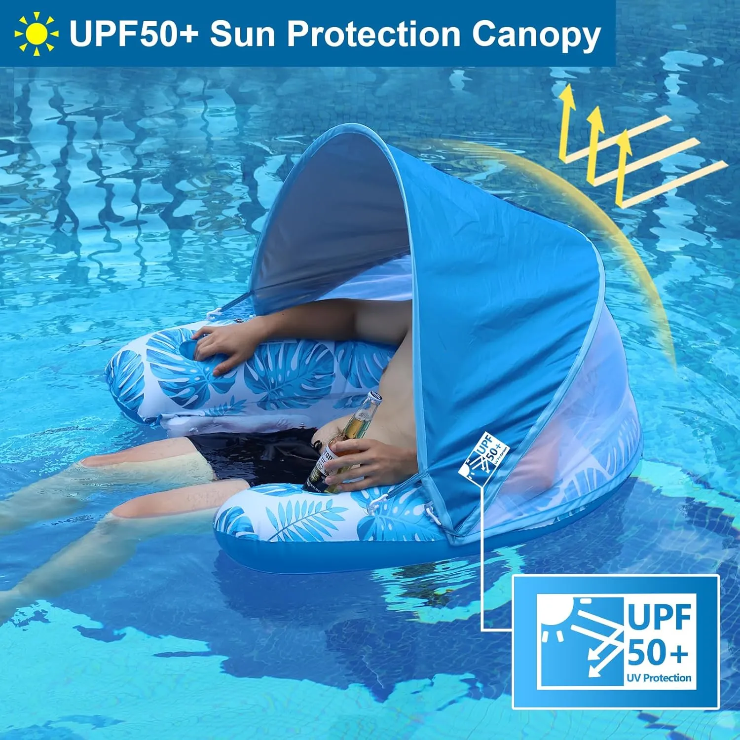 Pool Float with Canopy, Cup Holder - XL Pool Chair Lounge Float with Adjustable Sun Shade Cover, Drink Holder, Ergonomic Headrest,Inflatable Pool Float for Adults