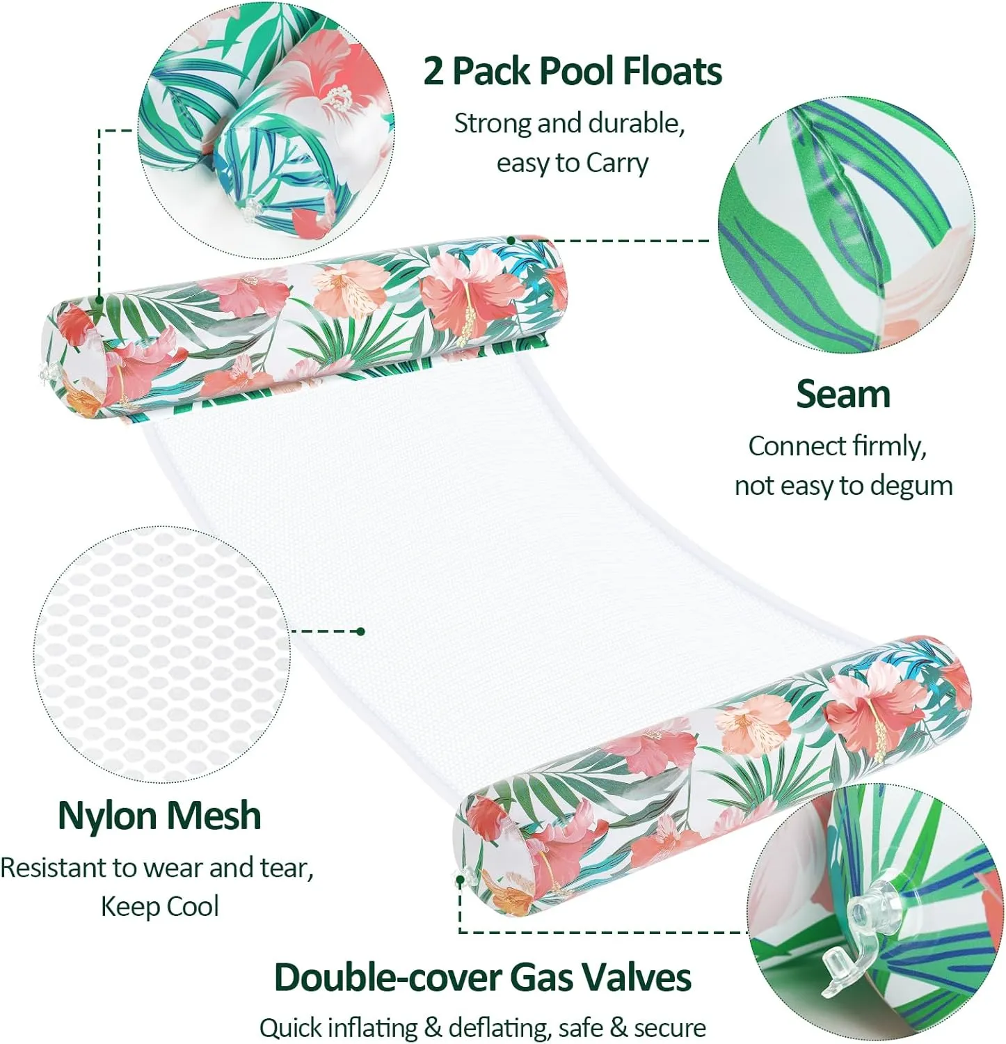 Pool Floats - 2 Pack Inflatable Pool Floats Rafts, 4-in-1 Pool Floaties for Adults, Pool Floats Adult Size, Multi-Purpose Toys Floats for Swimming Pool, Thick PVC Pool Lounger Float Water Hammock