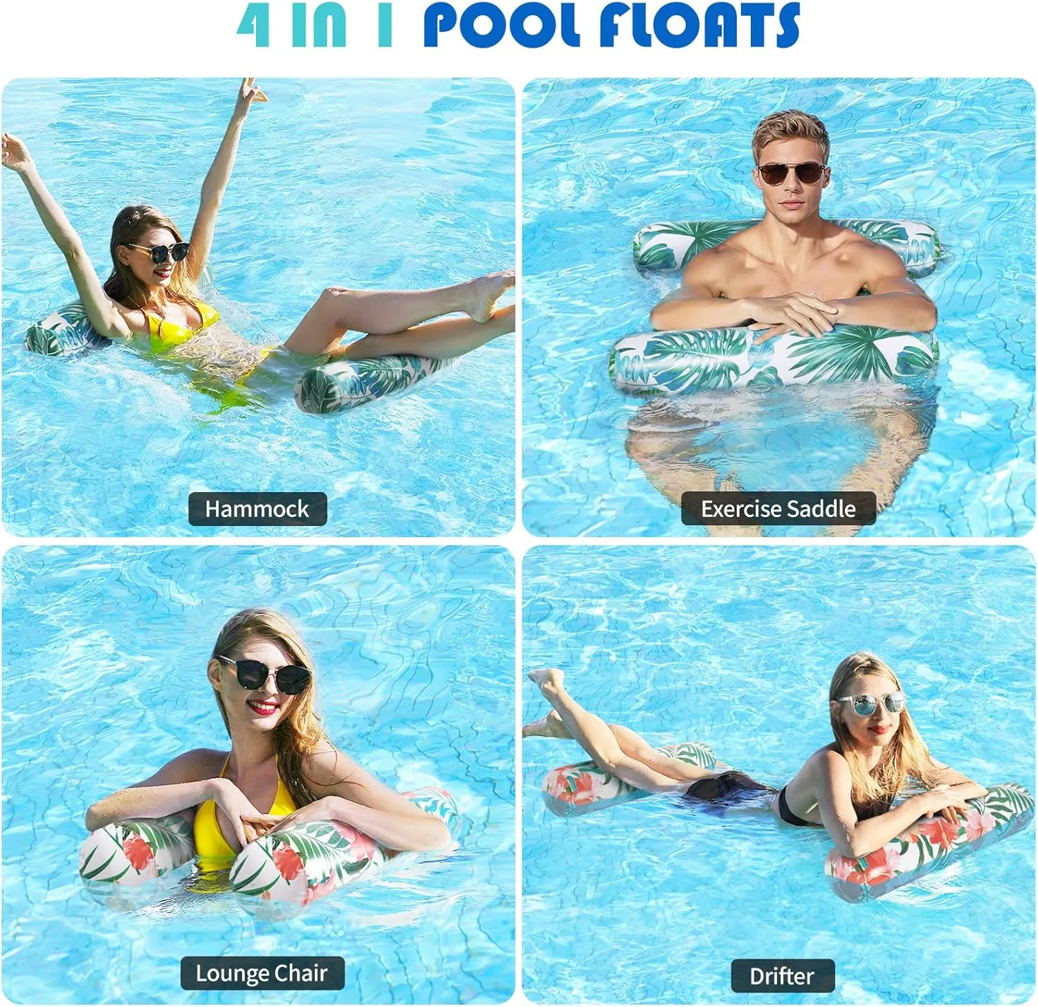 Pool Floats - 2 Pack Inflatable Pool Floats Rafts, 4-in-1 Pool Floaties for Adults, Pool Floats Adult Size, Multi-Purpose Toys Floats for Swimming Pool, Thick PVC Pool Lounger Float Water Hammock
