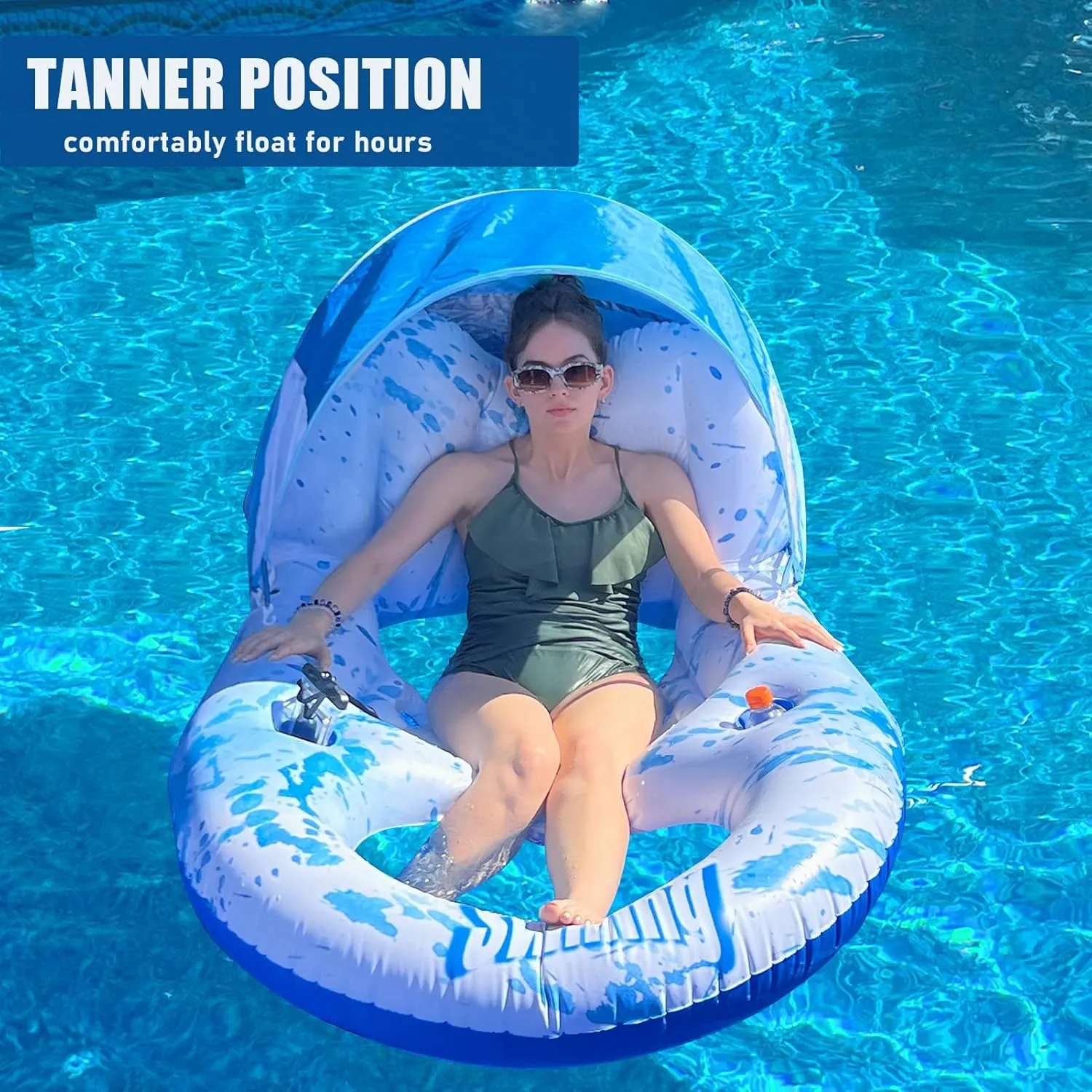 Pool Floats Adult with Canopy Upf50 , Extra Large Pool Floats Adult Heavy Duty, Swimming Pool Float with Shade Cover, Cup Holders, Ergonomic Headrest