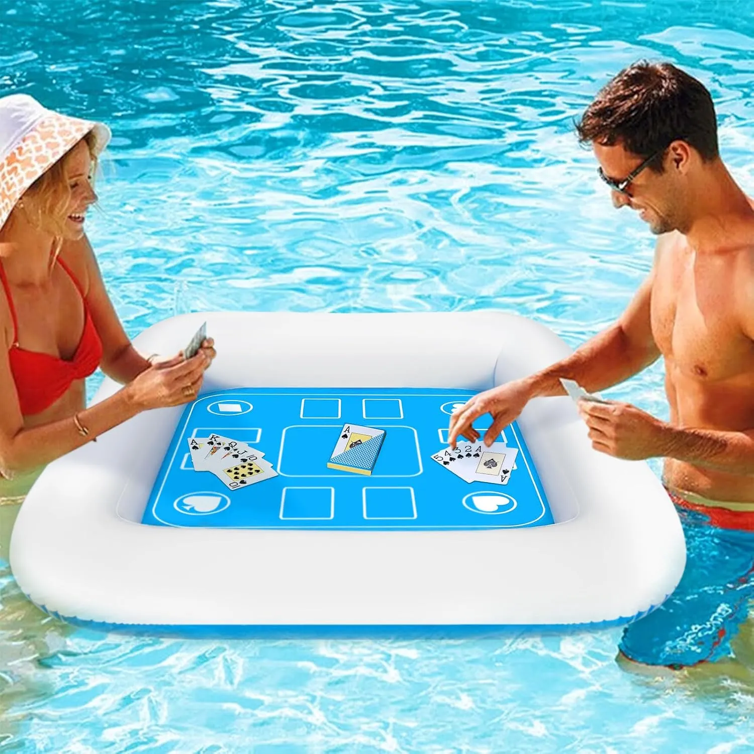 Pool Inflatable Game Table with Waterproof Playing Cards(35.5 inches×35.5 inches,Blue/White)