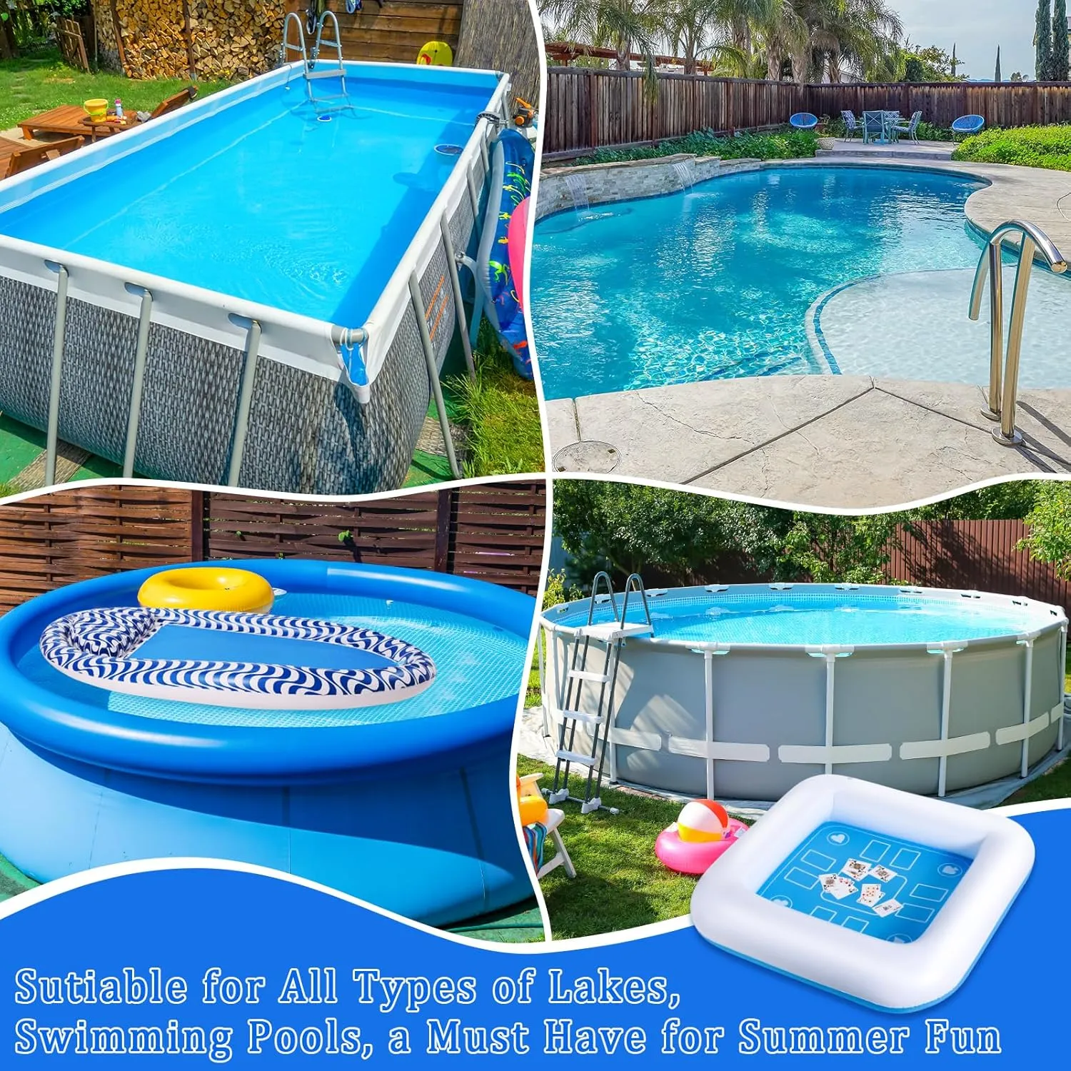 Pool Inflatable Game Table with Waterproof Playing Cards(35.5 inches×35.5 inches,Blue/White)