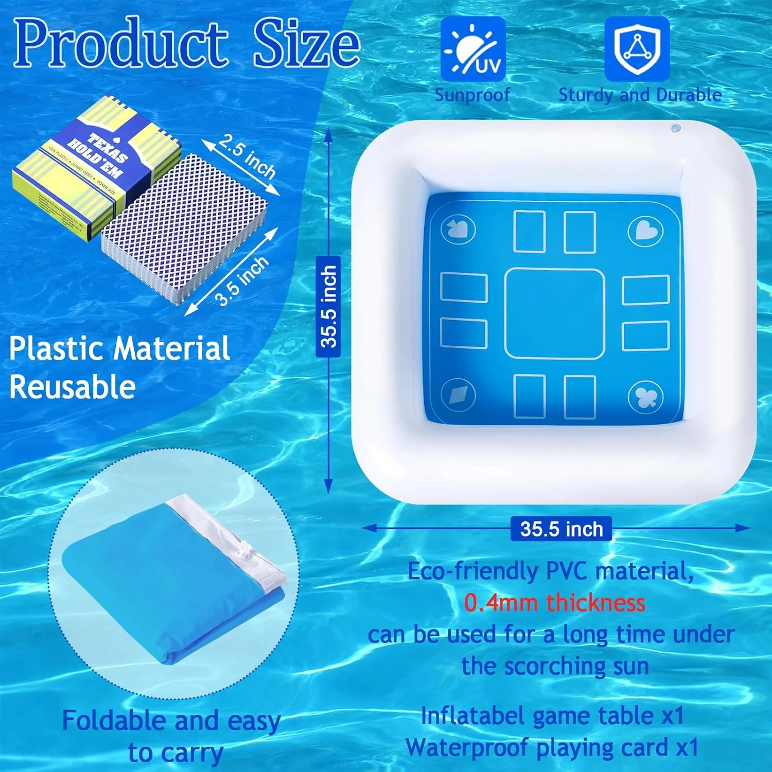 Pool Inflatable Game Table with Waterproof Playing Cards(35.5 inches×35.5 inches,Blue/White)