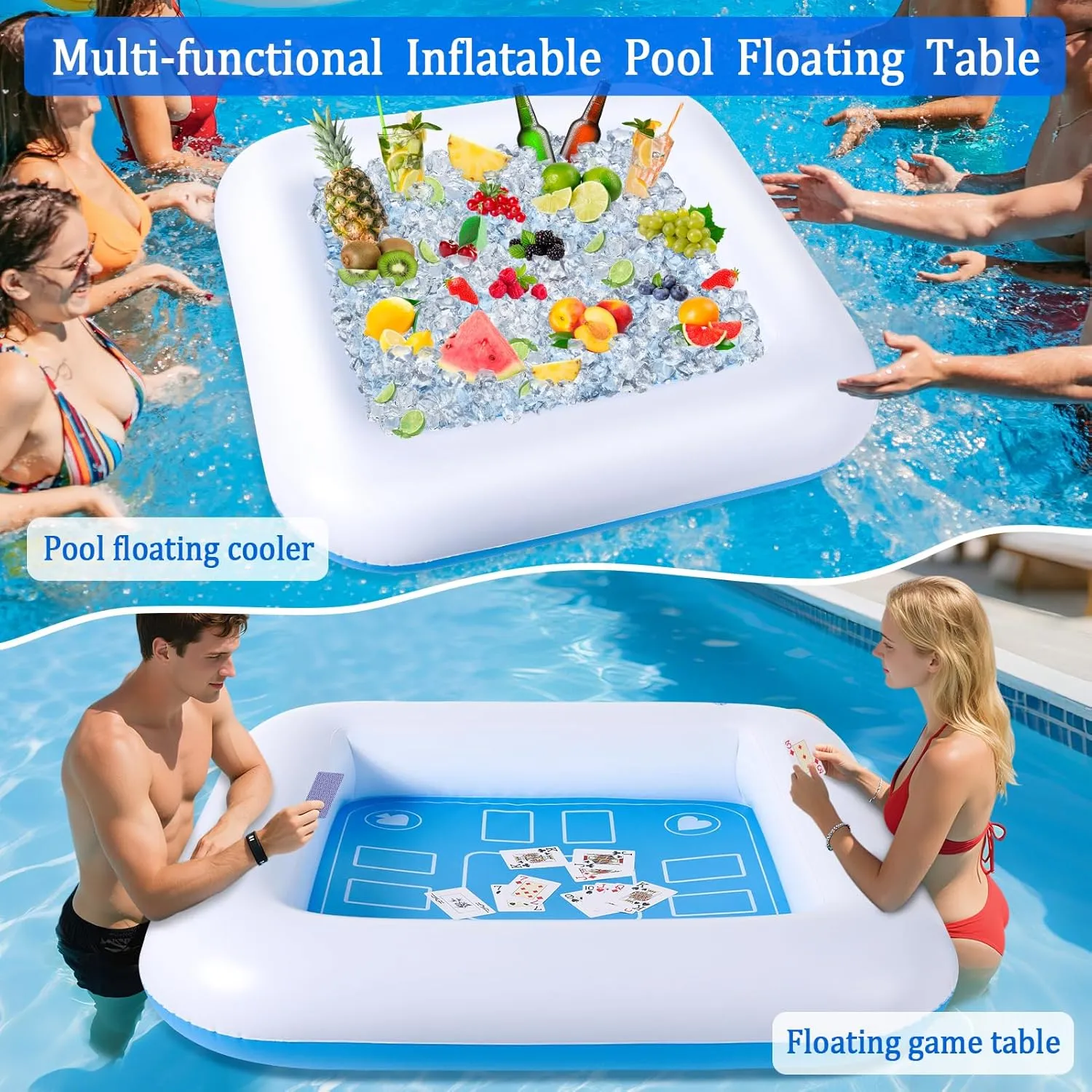 Pool Inflatable Game Table with Waterproof Playing Cards(35.5 inches×35.5 inches,Blue/White)