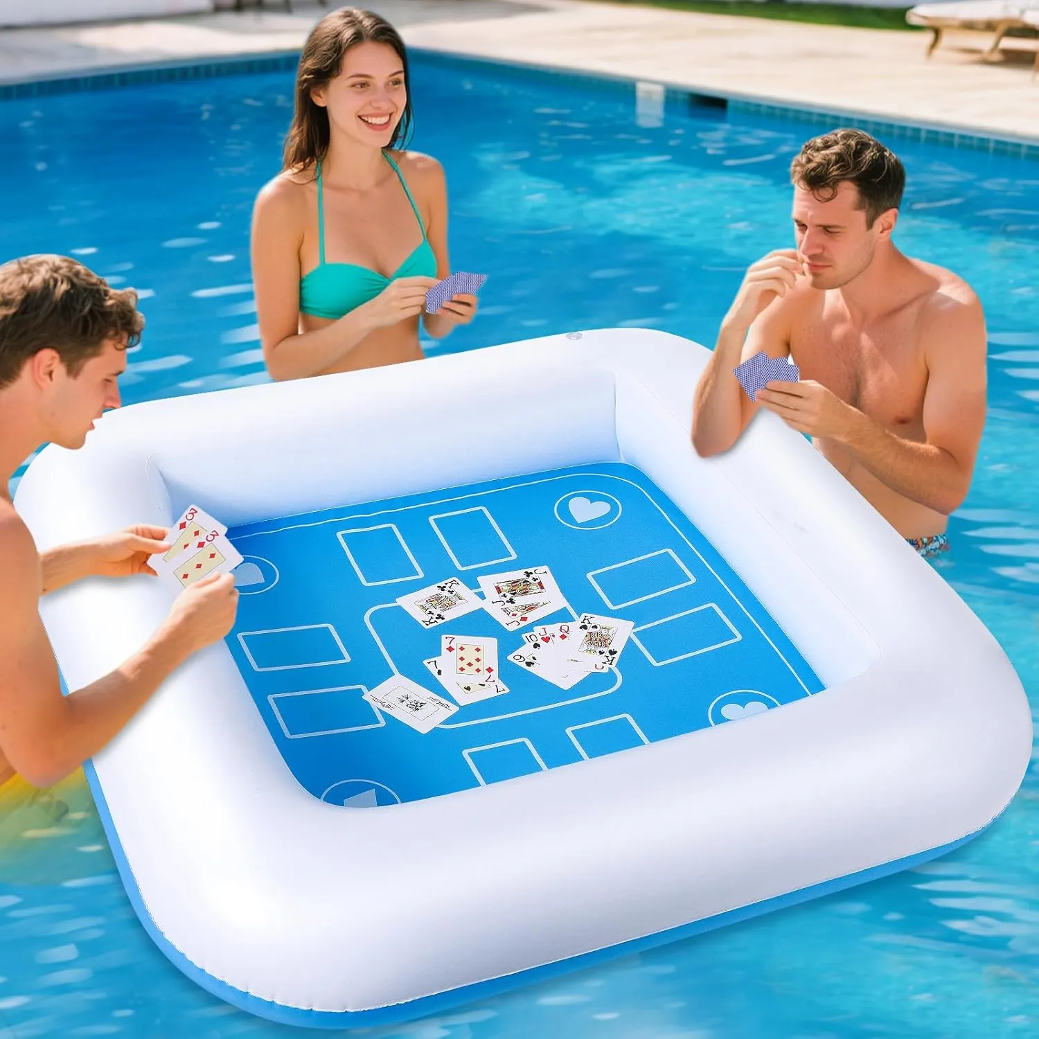 Pool Inflatable Game Table with Waterproof Playing Cards(35.5 inches×35.5 inches,Blue/White)
