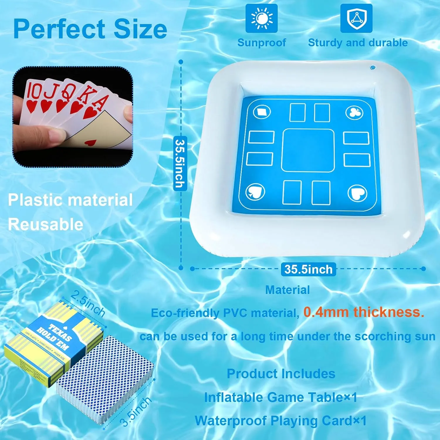 Pool Inflatable Game Table with Waterproof Playing Cards(35.5 inches×35.5 inches,Blue/White)