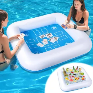 Pool Inflatable Game Table with Waterproof Playing Cards(35.5 inches×35.5 inches,Blue/White)
