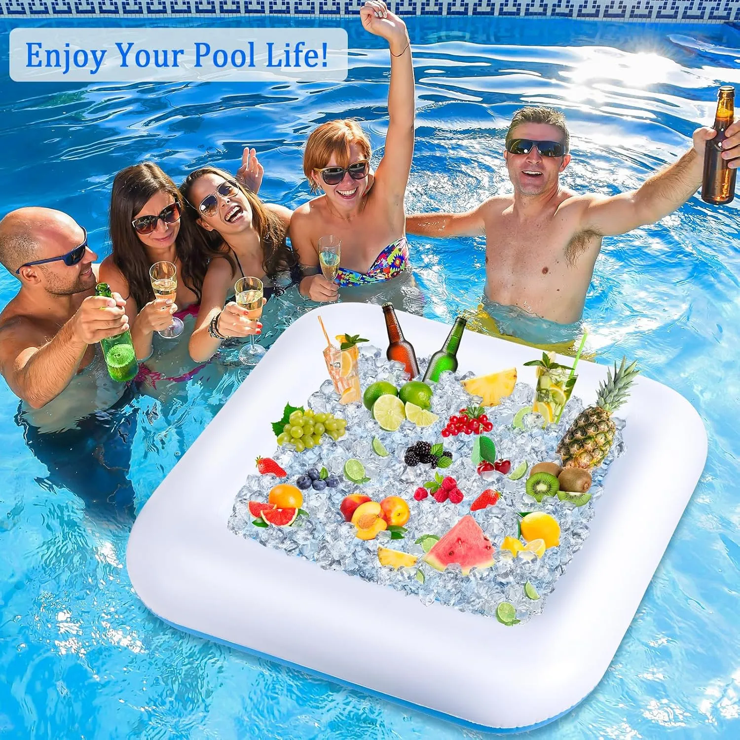 Pool Inflatable Game Table with Waterproof Playing Cards(35.5 inches×35.5 inches,Blue/White)