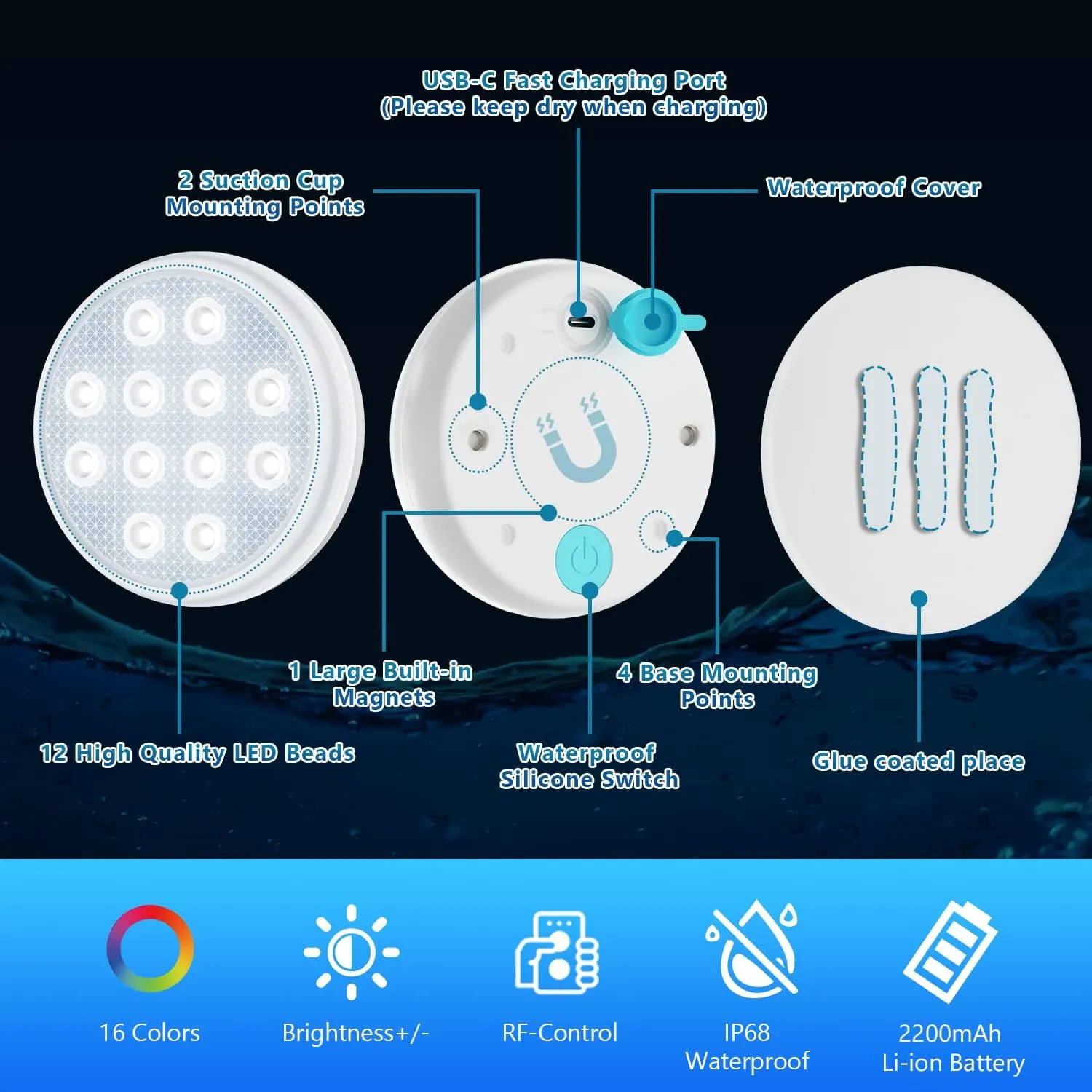 Pool Lights, Rechargeable Submersible LED Lights, IP68 Waterproof Underwater Light, 16 Color Changing Floating Lights with Remote, Magnets, for Bathtub,Pond,Party-6 Pack
