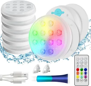 Pool Lights, Rechargeable Submersible LED Lights, IP68 Waterproof Underwater Light, 16 Color Changing Floating Lights with Remote, Magnets, for Bathtub,Pond,Party-6 Pack