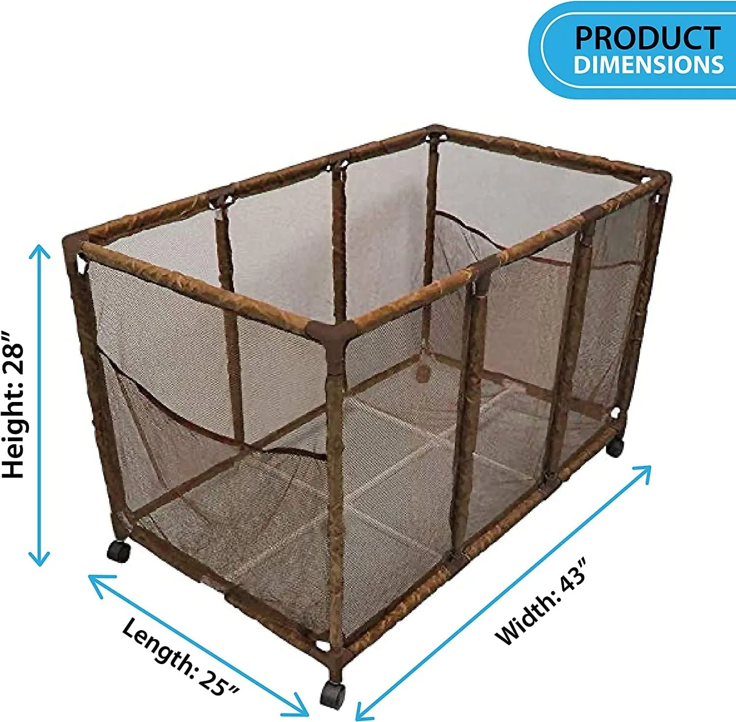 Pool Noodles Holder, Toys, Balls, Floats and Equipment Mesh Rolling Storage Organizer Bin, Kids Height, Large (25" L x 43" W x 28" H), Brown
