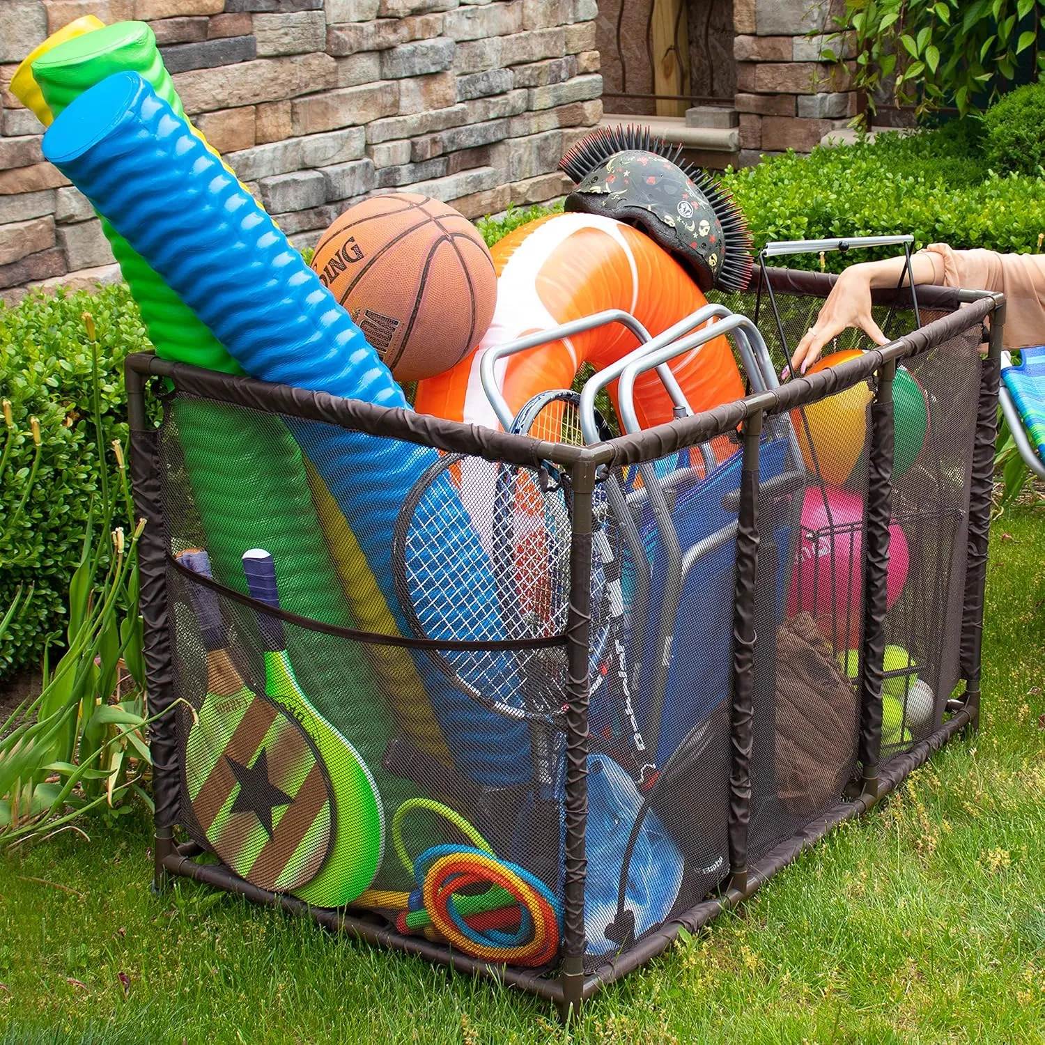 Pool Noodles Holder, Toys, Balls, Floats and Equipment Mesh Rolling Storage Organizer Bin, Kids Height, Large (25" L x 43" W x 28" H), Brown