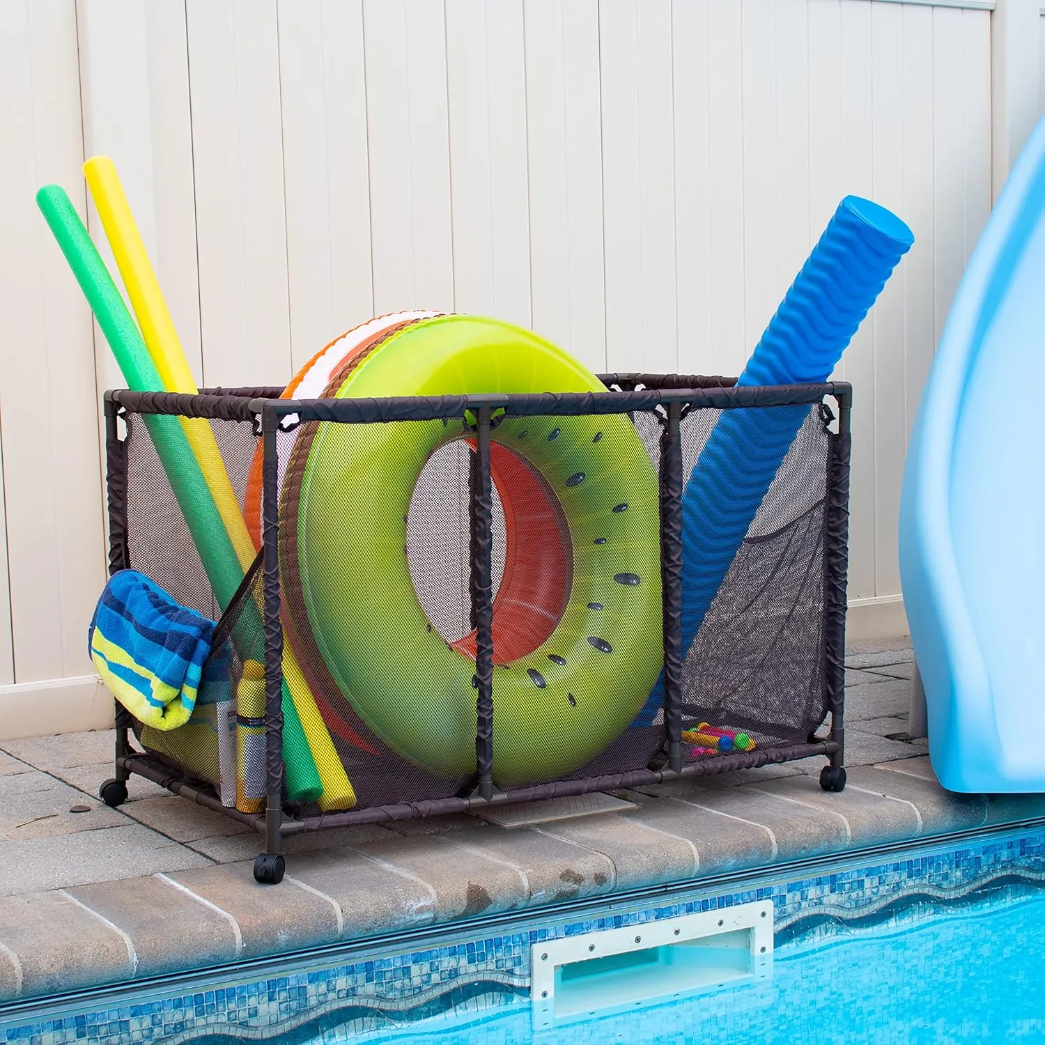 Pool Noodles Holder, Toys, Balls, Floats and Equipment Mesh Rolling Storage Organizer Bin, Kids Height, Large (25" L x 43" W x 28" H), Brown