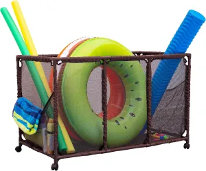 Pool Noodles Holder, Toys, Balls, Floats and Equipment Mesh Rolling Storage Organizer Bin, Kids Height, Large (25" L x 43" W x 28" H), Brown